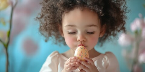 Child enjoys colorful egg during spring celebration in a bright floral setting