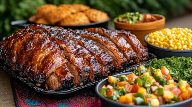 Juneteenth feast with ribs cornbread and colorful sides served on a table for celebration. Generative AI