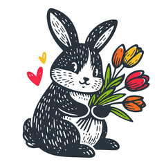 cute bunny holding a bouquet of tulip flowers, spring season illustration