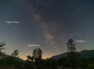 Milky Way and constellation outlines over Sequoia National Park