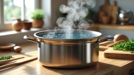 Steaming Pot on a Sunlit Kitchen Counter with Fresh Herbs and Cooking Utensils