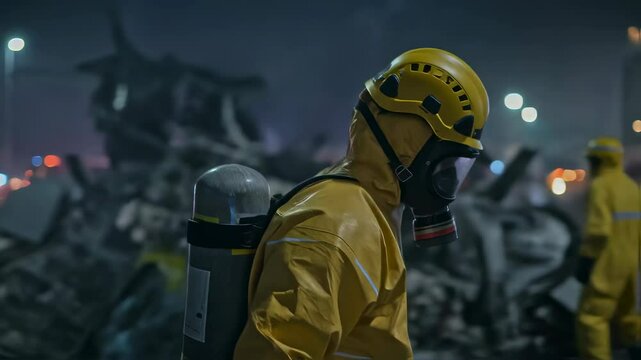 Man in hazmat suit with gas mask at night disaster scene. Emergency responder in yellow protective gear at accident site with rescue vehicles and debris. Hazardous materials operation.