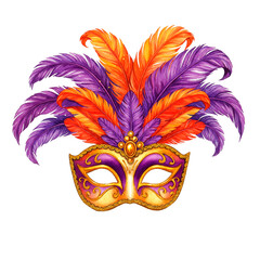 Mardi Gras Mask with Purple-Orange Feathers, Festive Carnival Watercolor Art