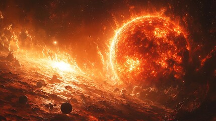 Fototapeta premium Dying red giant surrounded by asteroid fragments from destroyed planets cosmic devastation