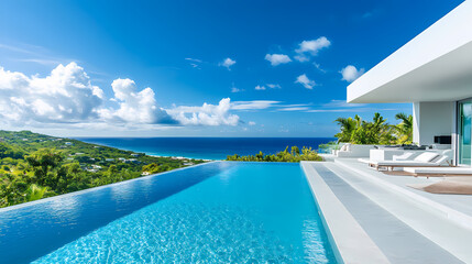 Fototapeta premium White modern luxury villa with an infinity pool and swimming pool on the hill overlooking the tropical beach