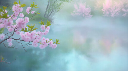 A soft-focus image of delicate cherry blossoms in bloom with a dreamy blue background. The scene conveys a sense of tranquility and beauty in nature.