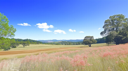 Fototapeta premium A scenic view of a countryside landscape with rolling green hills and a bright blue sky. The natural beauty of the landscape evokes peace and relaxation.