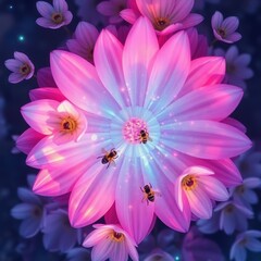 Bioluminescent Pink Cosmic Flower with Bees in a Fantasy Dreamscape