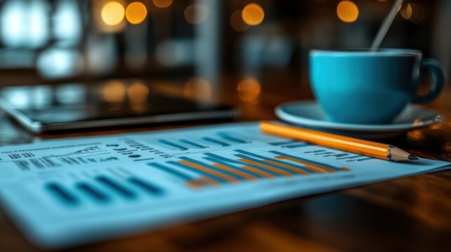 Cafe work Analyzing charts with coffee and tablet