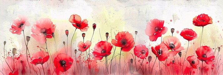Fototapeta premium Delicate Pink and Red Poppies Field: Soft Focus Floral Panorama Banner