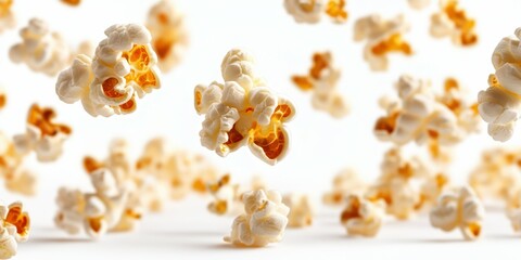 Popcorn kernels burst into light, showcasing their fluffy texture in a playful display of airborne snacks