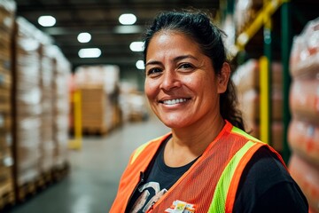 Naklejka premium A woman in a safety vest stands confidently in a spacious warehouse filled with stacked pallets. She smiles warmly, reflecting a positive work environment and teamwork
