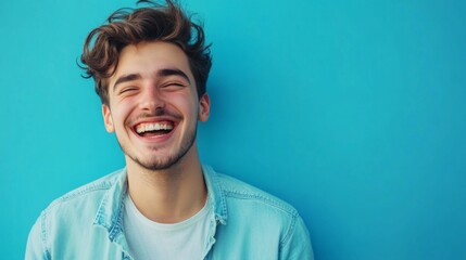 Fototapeta premium Young man smiling against a bright blue background while enjoying a moment of joy