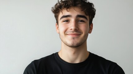 Fototapeta premium Young man with curly hair smiles warmly against a light background in a casual black t-shirt during daylight hours