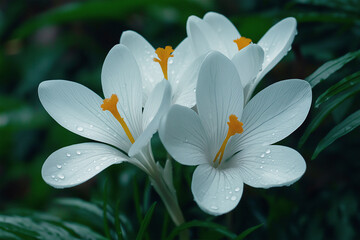 Fototapeta premium Close-up of white crocus flowers with dew drops on the petals. Natural green background emphasizes the fresh bloom and creates a tranquil springtime atmosphere.