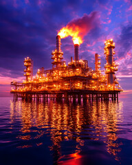 Obraz premium Offshore refinery sunset glow