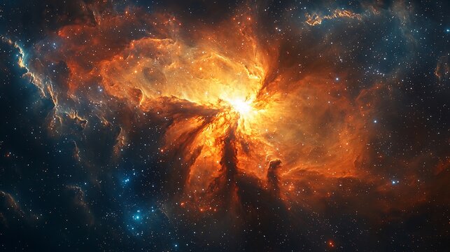 Glowing protostar forming deep within a dark nebula surrounded by swirling gas and dust ultra realistic space photography