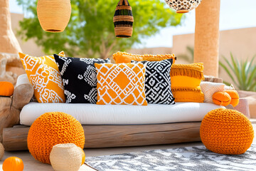 Orange cushions on patio sofa, desert