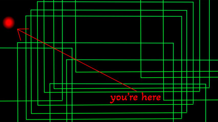 abstract maze, map, describing loneliness. with you're here text.
