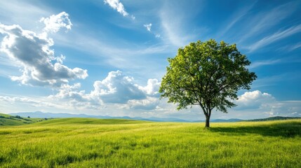 Obraz premium Lush green meadow under bright blue sky, solitary tree stands ta