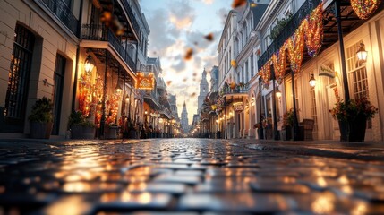 Fototapeta premium Charming cobblestone street illuminated by warm lights and vibra