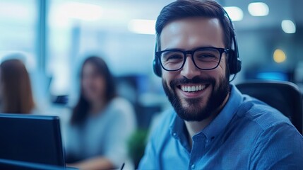 Obraz premium Smiling man in headset showcases friendly customer service atmos