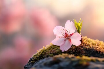 Delicate pink blossom rests on moss-covered stone, capturing spr