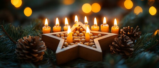 Lit candles in star base with pine cones and soft lights; festive holiday decor use