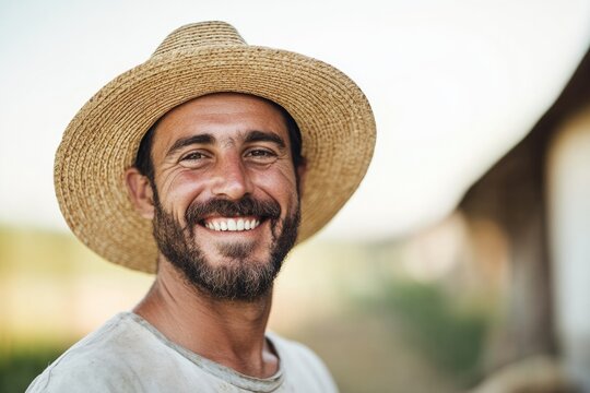 Smiling man in straw hat exudes warmth and positivity against ru
