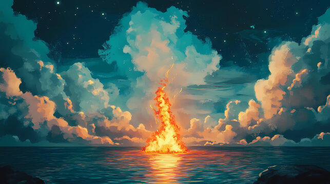 Creating balance between clouds and fire in an imaginative setting. Tranquility - Ocean. Illustration