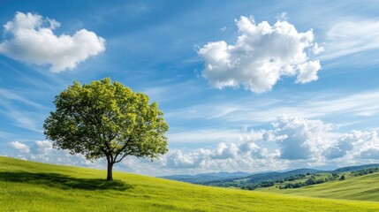 Obraz premium Lush green tree stands alone on rolling hills under bright blue