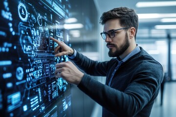 Engaged professional interacts with digital interface, showcasin