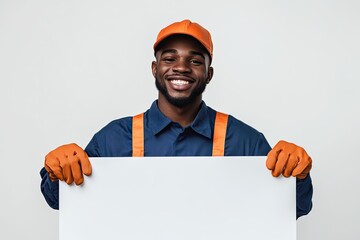 Brightly dressed worker holds blank sign, showcasing enthusiasm