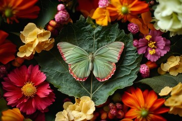 Fototapeta premium Butterfly Grace: A Butterfly Resting on a Leaf Amidst a Garden of Colorful Flowers, Capturing Nature's Beauty and Delicate Details