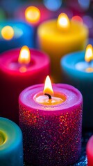 Lit colorful candles glowing on reflective surface with blurry background for mood lighting