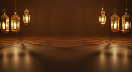 Obraz premium Elegant Ramadan Background with Golden Lanterns – copy space