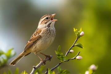 Singing sparrow perched on blossoming branch in spring sunshine