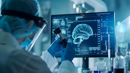 Scientist examining brain scan using high tech microscope