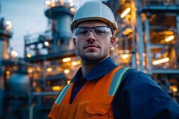 A worker in an orange safety vest and white helmet poses at an industrial site during twilight, with machinery and lights glowing in the background, showcasing a commitment to safety