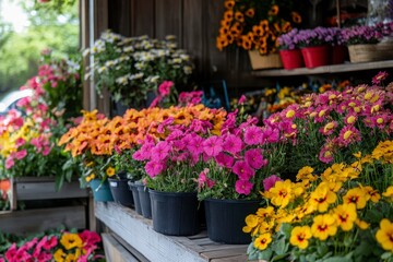 Fototapeta premium Colorful Flower Display at an Outdoor Market with Pink, Orange, and Yellow Blooms