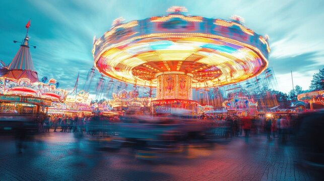 A vibrant carousel spins under a twilight sky, its lights blurring in motion.  The amusement park around it buzzes with activity, a scene of joyful energy and colorful lights.