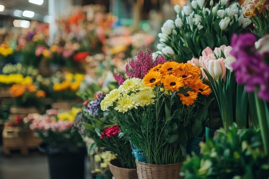 Vibrant Flower Market Display with Colorful Blossoms and Fresh Bouquets