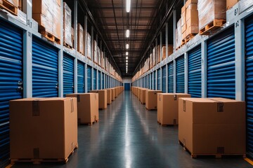 Inside a storage facility, rows of cardboard boxes are neatly lined up between blue metal doors. Bright lighting enhances the organized and spacious environment during the day