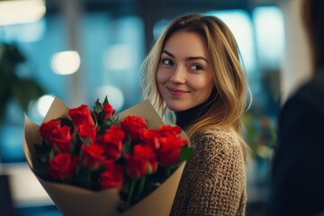 Woman receives a surprise bouquet of red roses, looking back with joy