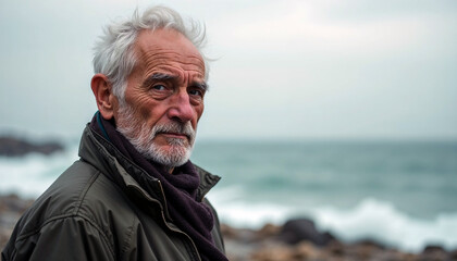 Elderly man gazing at the ocean on a cloudy day