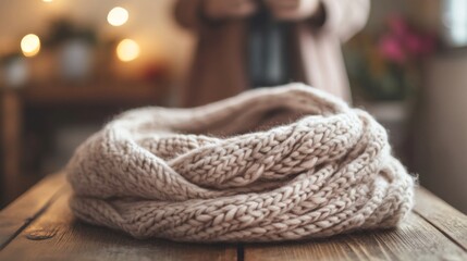 Knitted Scarf on Wooden Table