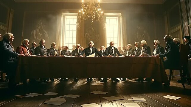 Historical gathering of influential figures seated at a long table discussing important matters