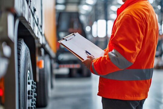 A worker dressed in a bright jacket inspects a large truck in a spacious warehouse, taking notes on a clipboard. This task occurs during daylight hours