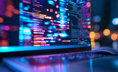 A close-up of a laptop screen displaying colorful programming code with a blurred bokeh background in a cyber-themed setting.
