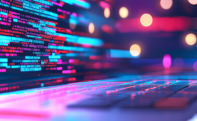 Obraz premium A close-up of a laptop screen displaying colorful programming code with a blurred bokeh background in a cyber-themed setting. 